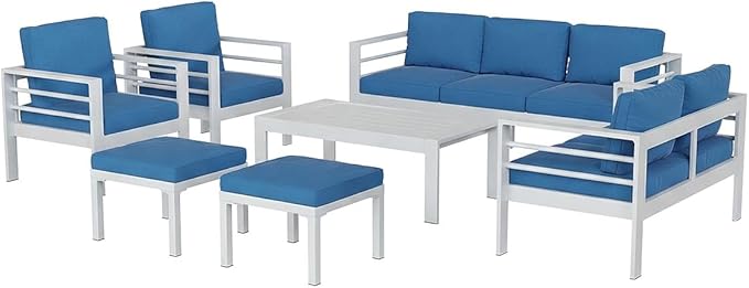 AECOJOY Aluminum Patio Furniture Set, 9 Seats Modern Outdoor Furniture with Coffee Table, 7 Pieces Metal Conversation Sectional Sofa, White Frame/Blue Cushion