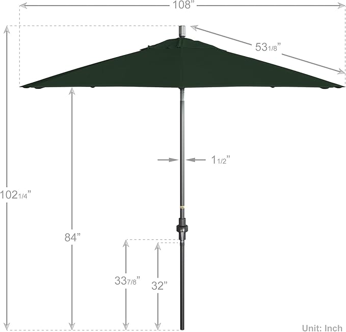 California Umbrella 9' Rd. Crank Lift, Collar Tilt, Aluminum Pole, Fiberglass Rib Patio Umbrella, Hammertone Grey Finish, Sunbrella Forest Green