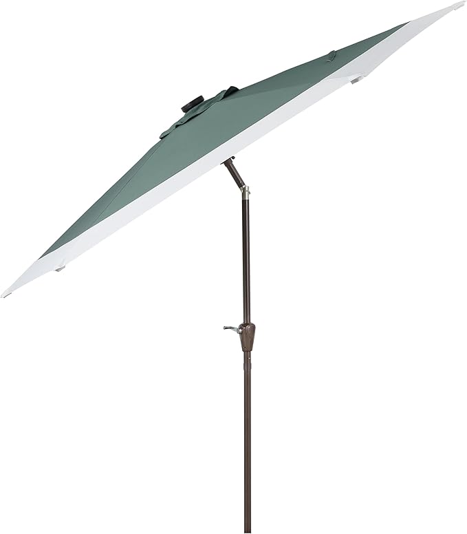 JONATHAN Y Spencer 9 ft. Solar Powered LED Patio Umbrella with Crank and Tilt, Hexagon Outdoor Market Sunshade for Garden, Deck and Pool, Green/White, Dark Brown Pole UMB1100E