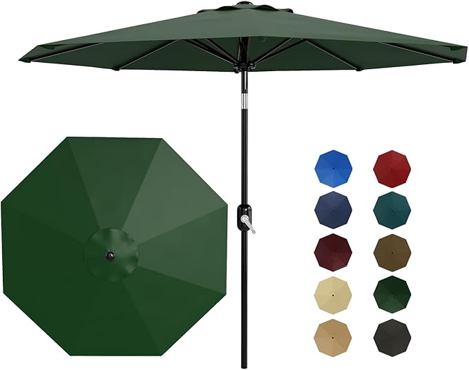 Garvee 10 ft Patio Umbrella - 8 Sturdy Ribs Outdoor Table Umbrella with Crank Lift & Push Button Tilt - Market Umbrella for Pool, Deck, Yard, Garden - Dark Green