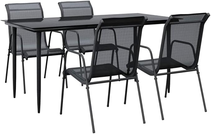 Afuera Living 5 Piece Patio Dining Set, Powder-Coated Steel Frame, Black/Anthracite Finish, Tempered Glass Tabletop, Curved Armrest Chairs, Outdoor Furniture for Garden, Patio, Balcony Dining
