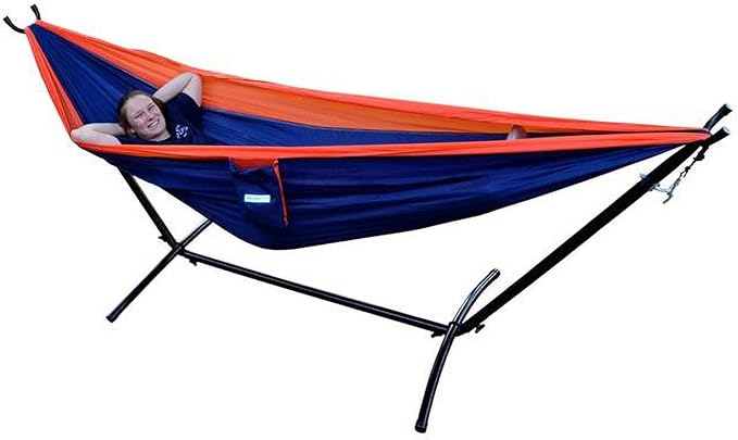 Double Nylon Hammock with Portable Stand Orange & Navy