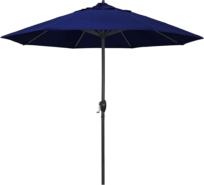 California Umbrella 12-Year Protection 9' Rd Aluminum Patio Umbrella, Crank Lift, Auto Tilt, Black Finish, Sunbrella True Blue