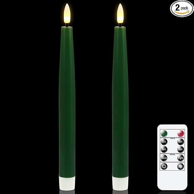 GenSwin Flameless Taper Candles with Remote Timer, Real Wax LED Flickering Candlesticks Battery Operated 3D Wick for Wedding, Party, Home(Christmas Green, 9.84", Set of 2)