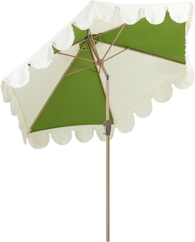 Tempera 9ft Scalloped Patio Umbrellas with Fringe, Market Umbrellas with Water-Resistant and Fade Resistant Canopy, 1.5" Wood Pole & Button Tilt.