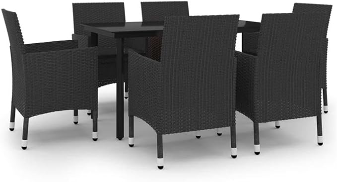 Afuera Living 7 Piece Patio Dining Set, Black PE Rattan, Powder-Coated Steel Frame, Weather-Resistant, Cushioned Seating for 6, Contemporary Outdoor Furniture for Garden, Balcony, or Terrace