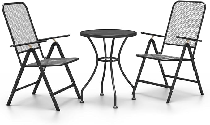 3 Piece Patio Dining Set with Expanded Metal Mesh Folding Chairs and Table for Outdoor Garden Backyard Balcony BBQ, Heavy Duty E-Coating, 7 Position Reclining Seat, Anthracite