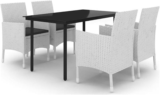 BOWERY HILL 5-Piece Patio Dining Set, PE Rattan Construction, Powder-Coated Steel Frame, White Finish, Rectangular Table and Cushioned Chairs, Durable Outdoor Furniture for Garden, Terrace, or