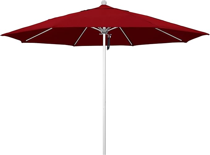 California Umbrella 11Ft Commercial Grade Sunbrella Fabric Market Umbrella, Pulley Lift, Aluminum/Fiberglass, 2mm pole wall, Silver Frame, Jockey Red Fabric