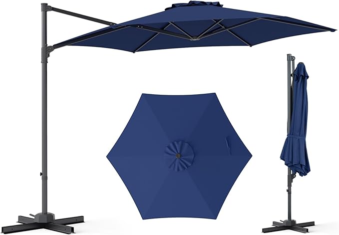 Tangkula 10FT Patio Umbrella, Offset Cantilever Outdoor Umbrella with 360 Degree Rotation, Air Vent, Cross Base for Pool Deck Garden Backyard (Navy)
