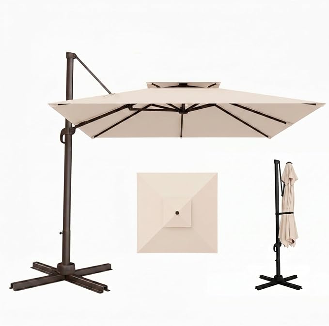10'×10' Patio Umbrella, Double Top Aluminum Cantilever Umbrella with 360°Rotation, Offset Patio Umbrella with Easy Tilt for Pool Deck Garden Backyard, Beige (Base not Included)