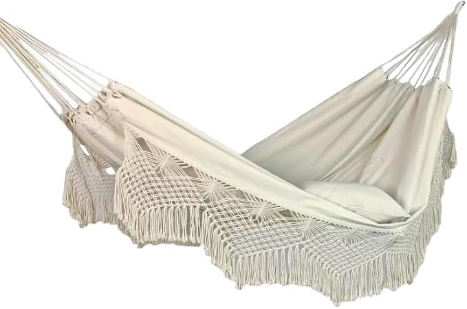 Macrame Double Hammock with Heart Motif, 79 x 59 in (200 x 150 cm) – 2-Person Boho Fabric Hammock, Ropes & 2 S-Hooks Included, Indoor/Outdoor Patio Porch Garden Beach Décor (Beige)
