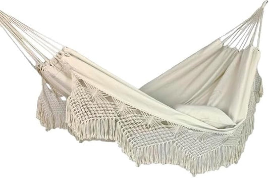 Macrame Double Hammock with Heart Motif, 79 x 59 in (200 x 150 cm) – 2-Person Boho Fabric Hammock, Ropes & 2 S-Hooks Included, Indoor/Outdoor Patio Porch Garden Beach Décor (Beige)