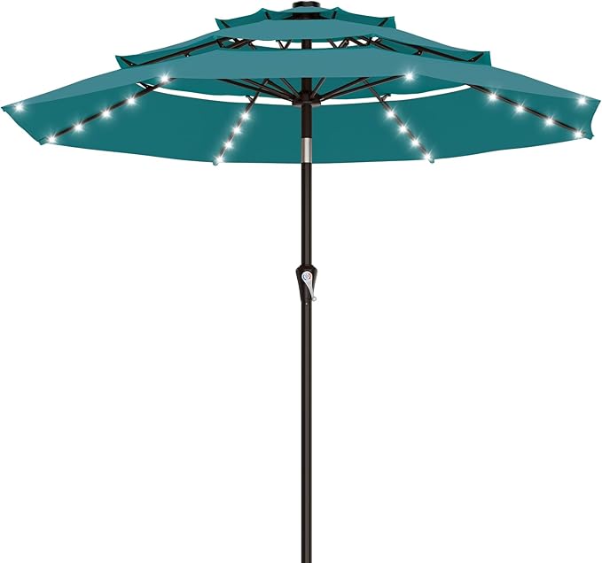 AreShark 9ft 3 Tiers Patio Umbrella with Solar Lights, Outdoor Umbrella w/ 32 LED Lights&8 Sturdy Ribs, Table Umbrella for Deck, Backyard, Pool (Lake Blue)