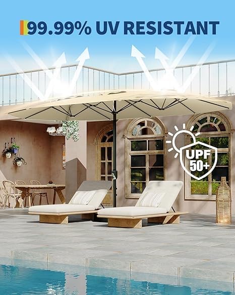 TrailBlaze 15ft Large Patio Umbrella with Base, Outdoor Rectangle Umbrella Double-Sided Market Umbrella with Crank Handle UV Protection Table Umbrellas for Backyard, Deck, Poolside and Garden