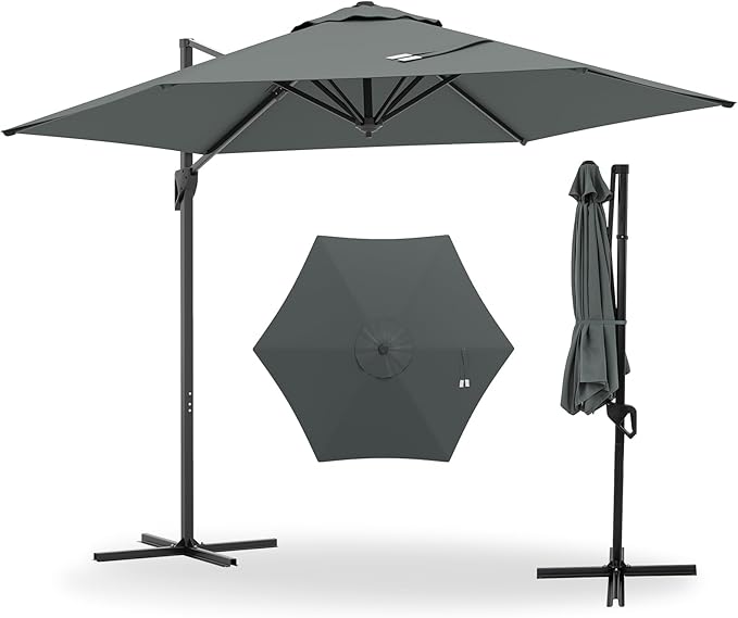 Tangkula 9 FT Cantilever Patio Umbrella, Heavy Duty Offset Outdoor Hanging Umbrella with Vented Top, Handle, Sun-Protective Canopy for Pool Backyard Garden Deck (Gray,9 FT)