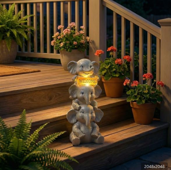 Lyeasw Solar Elephant Garden Statue with Lighted Welcome Sign, Outdoor Decor for Patio Porch Yard, Cute Elephant Family Figurine for Garden, Gift for Mom Grandma Garden Lovers