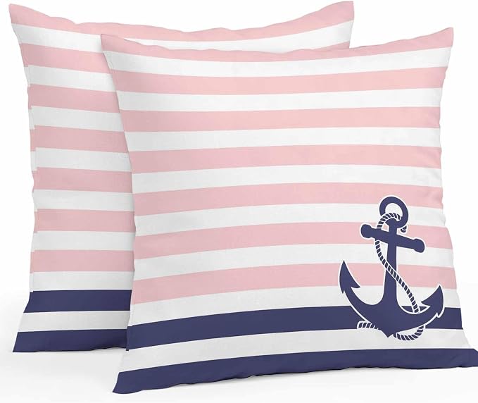 Throw Pillow Covers 26x26 Inch Set of 2, Anchor Pink Waterproof Outdoor Cushion Covers, Modern Navy Blue White Striped Nautical Decorative Pillowcases for Couch, Sofa, Bed, Garden, Patio