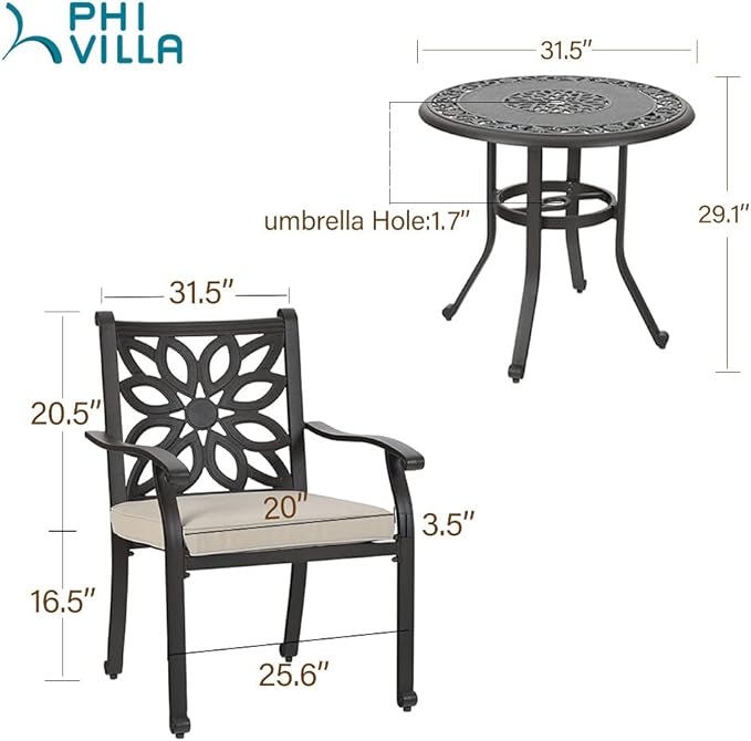 PHI VILLA 3 Pcs Cast Aluminum Patio Bistro Set, Extra Wide Armrest Dining Chairs with Cushion & 1 Round Bistro Dining Table with Umbrella Hole