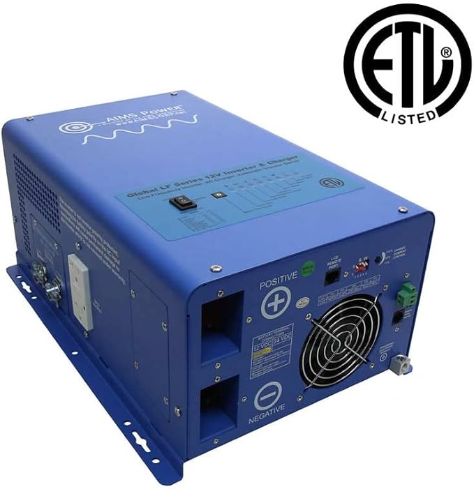AIMS Power 1500 Watt 12 VDC Pure Sine Inverter Charger 120 VAC Output 50A Charger 30A Transfer Switch ETL Cert to UL458 Standards PICOGLF15W12V120V