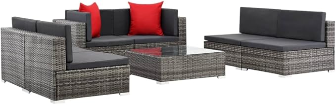 7 Piece Patio Lounge Set with Cushions, Outdoor Sofa Sets Patio Conversation Set Porch Furniture Set Sectional Sofa for Poolside Piazza Exhibition Negotiation Area Poly Rattan Gray