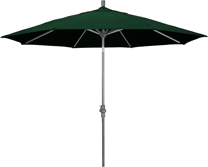 California Umbrella 11Ft Premium Sunbrella Patio Umbrella, Hand-Crank, Tilt-Collar, Gray Frame, Forest Green Fabric