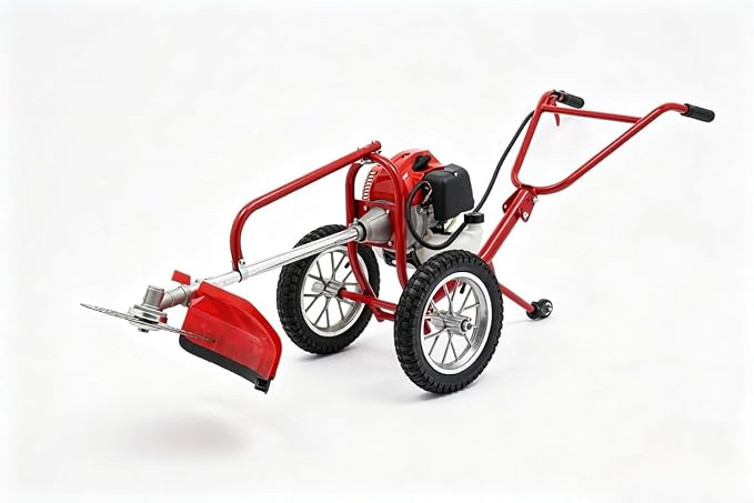 Walk-Behind Brush Cutter, 7000rpm High Speed 2-Stroke Gasoline Powered Hand-Push Lawn Mower with Handles, 49 Cc 1500w 2-in-1 Lawn Mower Machine for Soil Loosening and Mowing (Red)