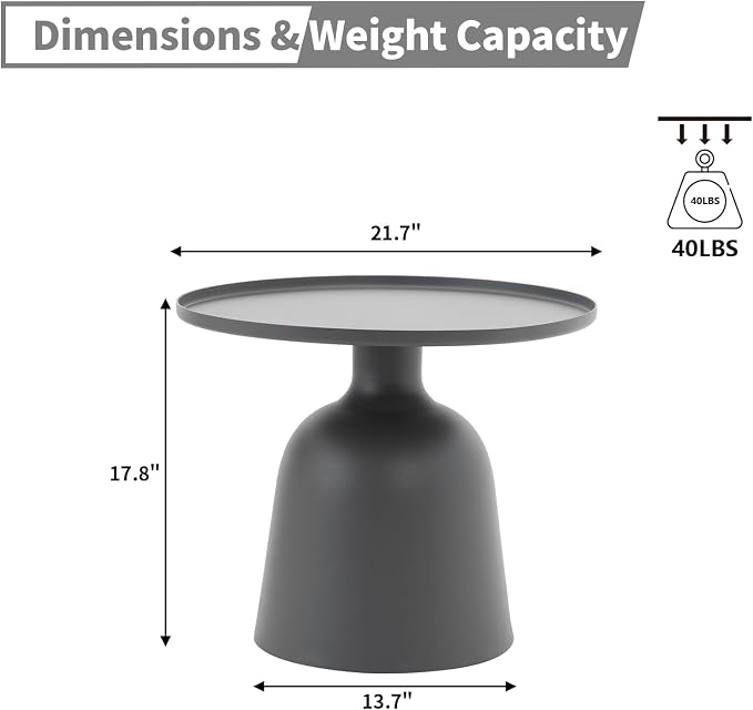 Outdoor Round Coffee Table Patio Boho Side Table Weather-Resistant Aluminum Side Tables Circle End Table for Balcony, Lawn, Garden, Living Room, Bedroom, Grey