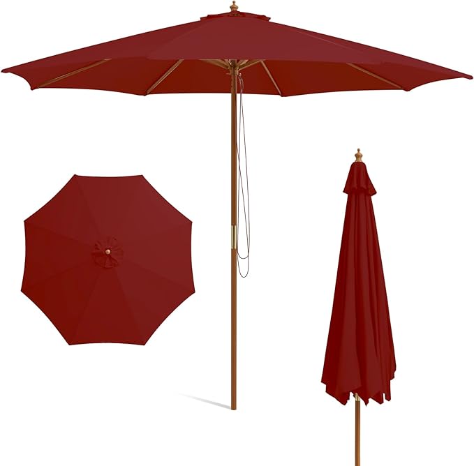HAPPYGRILL 10 FT Wooden Patio Umbrella with Rope Pulley Lift, 8 Bamboo Ribs, 3 Adjustable Heights, Vented Roof, Outdoor Table Umbrella for Garden Poolside Backyard (Wine)