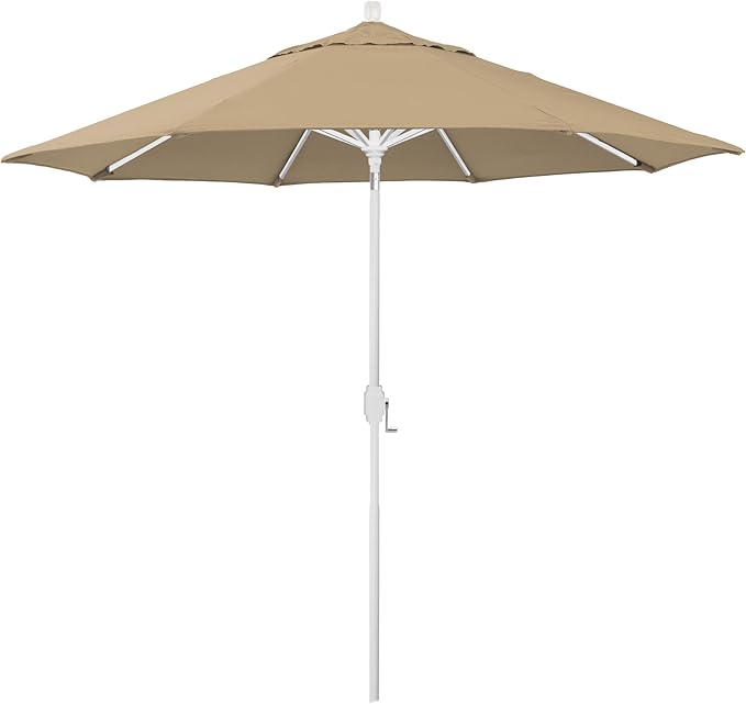 California Umbrella 12-Year-Non-Fading, 9Ft Premium Sunbrella Patio Umbrella, Hand-Crank, Button-Tilt, White Frame, Heather Beige Fabric