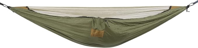 Single Hammock with Mosquito Netting, Nylon Camping Hammock, Anti Mosquito, Portable, Packable, Outdoor Sleeping Swing 280x140cm (Military Green + Camel Color)