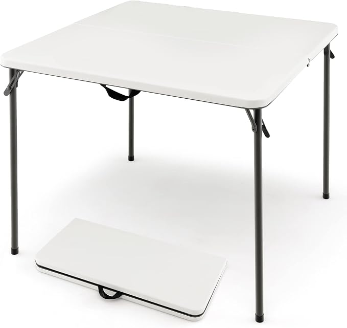 MEDIMALL Outdoor Folding Table, Fold-in-Half Utility HDPE Foldable Table with Metal Legs, Handle, Square Indoor Outdoor Collapsible Dining Table for Camping, Picnic, Party (White)