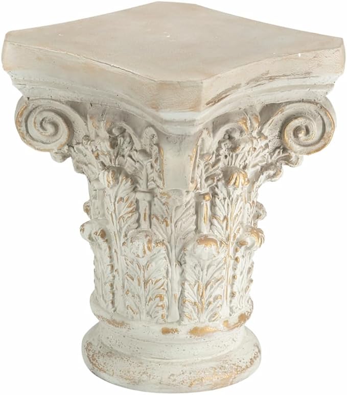 Small Side Table for Living Room, Farmhouse Rustic French Country MGO Pedestal Stand Ornate with Scrollwork Design and Gold Accents, Square Distressed Display Stand White 14x14x17.5