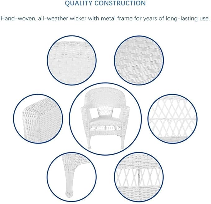 Pemberly Row 5-Piece Resin Wicker Outdoor Patio Dining Set, White Finish, Includes 4 Chairs and 1 Table, Steel Frame, All-Weather Fade-Proof Wicker, Durable Design for Deck, Patio, or Poolside Use
