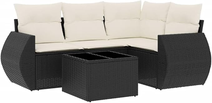 5 Piece Garden Sofa Set Black Cream White Poly Rattan Outdoor Patio Conversation Set 21.7x21.7x14.6 in Glass Table Storage Seat 242 lbs Each for Terrace Balcony Porch