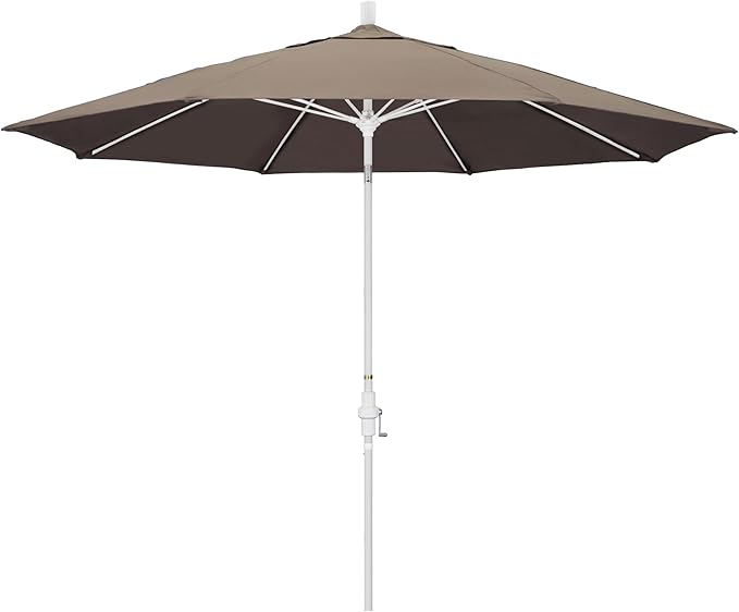 California Umbrella 11Ft Sunbrella Patio Umbrella, Fiberglass Ribs, Hand-Crank, Tilt-Collar, White Frame, Taupe Fabric