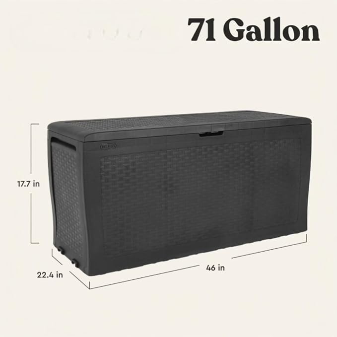 Large Resin Deck Box, 70 Gal Outdoor Storage, Rattan Style, Lockable with Wheels, (Grey, 46" L x 22.4" W x 17.7" H)