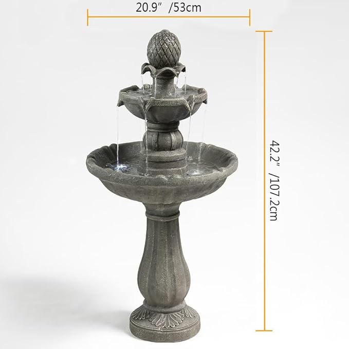 3 Tiered Outdoor/Indoor Water Fountains –42.2'' Tall, Like Stone Bird Bath for Outside, Elegant Waterfall Feature for Garden, Yard, Patio, Home Decor (Grey)