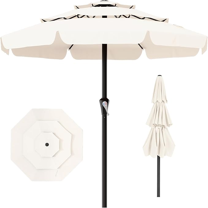 AreShark 11FT 3-Tiers Patio Umbrella with Valance, Outdoor with Crank, Large Outdoor Market Umbrellas Vented with 8 Sturdy Ribs, Patio Table Umbrellas for Garden, Deck, Backyard, Pool, Cream White