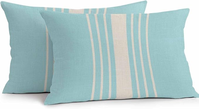 Aqua Beige Striped Outdoor Pillow Covers 20x12 Inch Lumbar Pillow Covers Set of 2 Waterproof Decorative Throw Pillow Cases Modern Farmhouse Retro Lines Cushion Covers for Patio Furniture Garden Couch