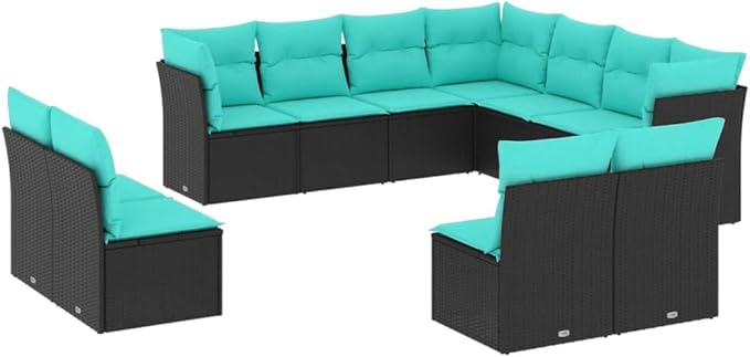11 Piece Patio Sofa Set with Cushions, Patio Conversation Set Sectional Sofa Front Porch Furniture Porch Furniture Set for Exhibition Negotiation Area Garden Poolside Black Poly Rattan