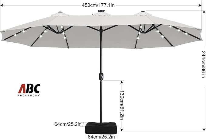 ABCCANOPY 15ft Umbrella Outdoor Patio Solar Lights with Base, Outdoor Double-Sided Rectangle Umbrella for Poolside, Lawn, Backyard (Light Gray)