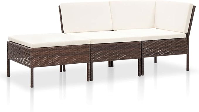 vidaXL Patio Furniture Set 3 Piece, Patio Conversation Set with Cushions, Outdoor Sectional Sofa with Footrest for Garden, Poly Rattan Brown