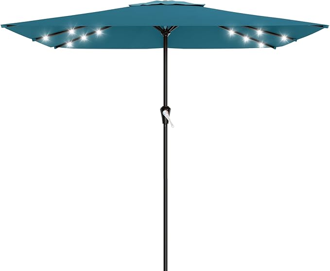 AreShark 8' X 10' Rectangular Patio Umbrella with Solar Lights, Lighted Solar Umbrella with Crank, Outdoor Table Umbrella for Garden, Deck, Backyard, Pool and Beach, Lake Blue