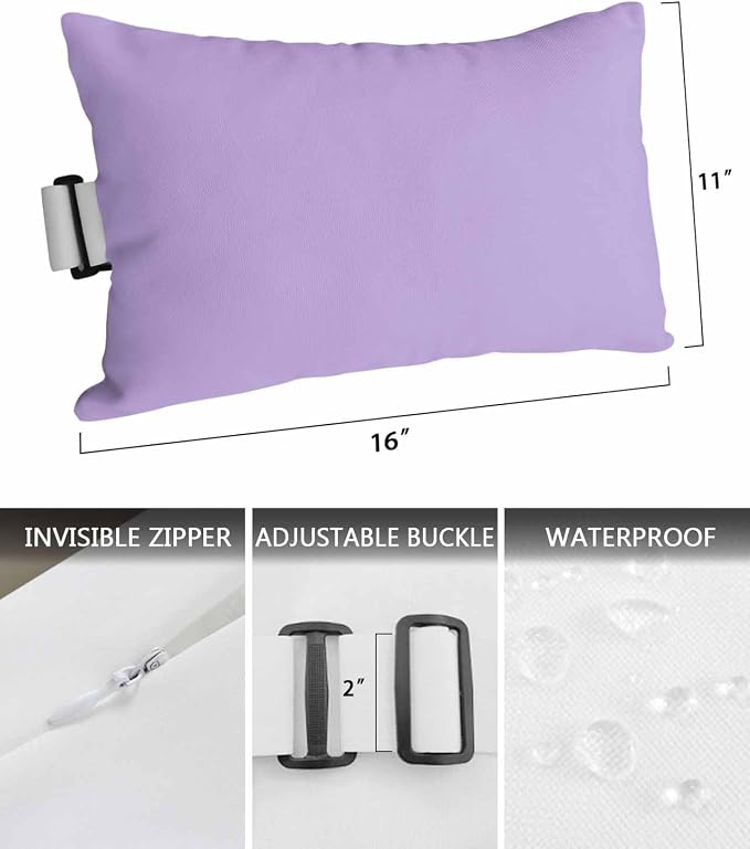 Outdoor Lumbar Pillows with Strap & Insert Lavender Purple Recliner Head Pillow Pack of 2 Simple Style Waterproof Headrest Patio Lounge Chair Pillows for Beach Pool Office Chaise Chair 11x16 Inch