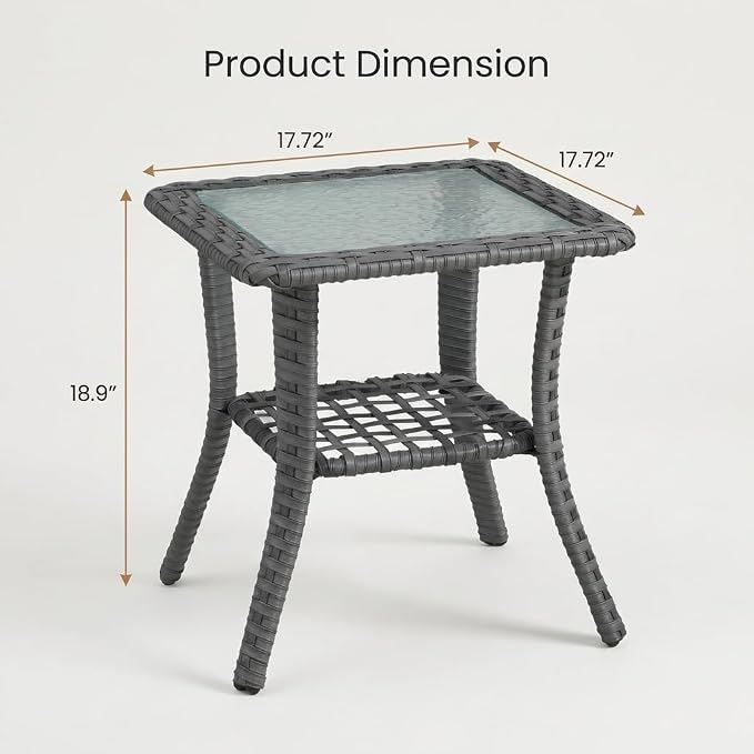 Patio Wicker Side Table - Rattan End Table with Glass Top for Outdoor Patio, Porch, Deck, Square ，Grey Wicker