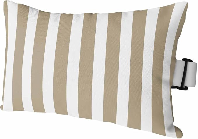 Beige Striped Outdoor Chaise Lounge Head Pillow with Insert,Modern Farmhouse Beige White Stripes Waterproof Headrest Lumbar Pillow Cusion Cover with Elastic Strap for Patio Beach Recliner,12"x20" 1PCS