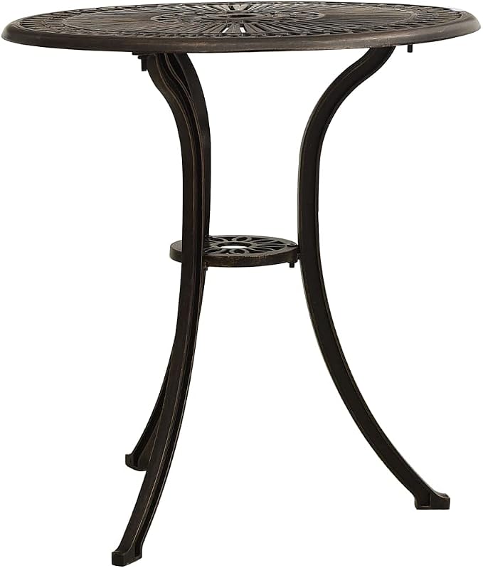 (Fast Delivery) Cast Aluminum Dining Table Outdoor Retro Bistro Table Round Dining Table with Umbrella Hole for Patio or Garden Garden Table Bronze 24.4"x24.4"x25.6" Cast Aluminum