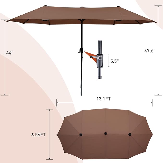 13 ft Patio Umbrella, Large Rectangle Outdoor Umbrella with Strap, Crank, Coffee
