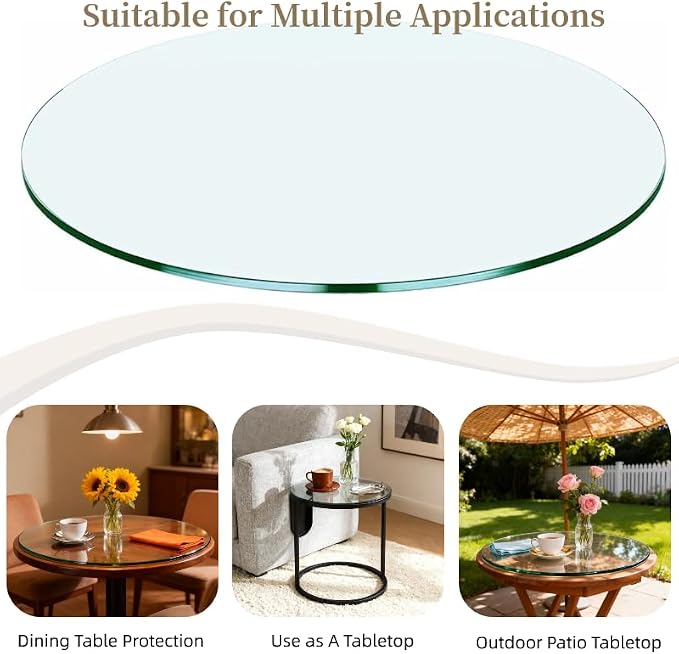 Meihua Glass Table Top, 24 Inch Round 1/4" Thick Flat Polished Edge, Clear Tempered Glass Surface Protector, Multipurpose for Dining Table, Patio, Coffee and End Table